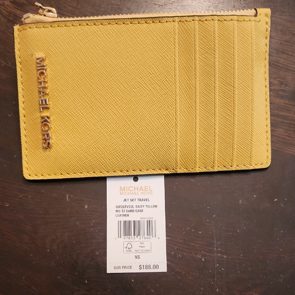 Michael Kors Yellow Leather Zip Card Case with Gold Logo